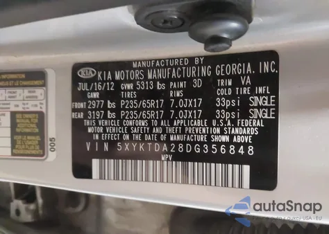 2013 Kia Sorento Lx V6 from USA, damaged, VIN 5XYKTDA28DG356848